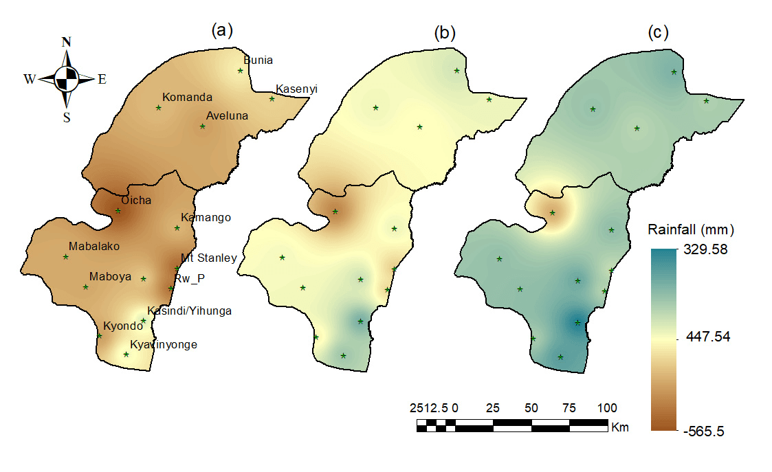 Three maps of the Beni–Irumu region showing the difference between projected and historical annual rainfall under SSP5-8.5 for the near, mid and long term, shaded from brown for less rain to blue-green for more.